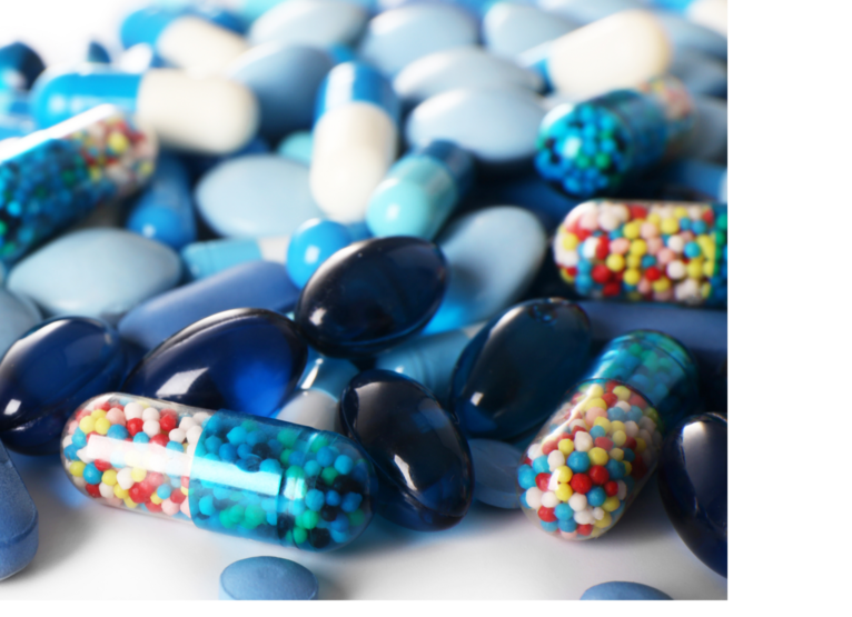 A range of lue and colorful tablets, capsules and soft gels